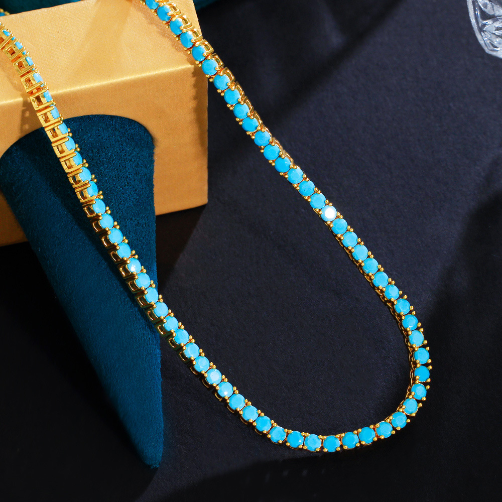 European Retro Blue Turquoise Collar Chain Gold Plated Brass Single Row 3mm Hip-Hop Tennis Chain Necklace