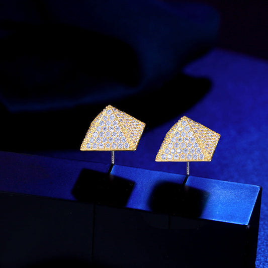 S925 silver needle small-scale design micro-set full-diamond pyramid earrings star-shaped square zirconia ear accessories
