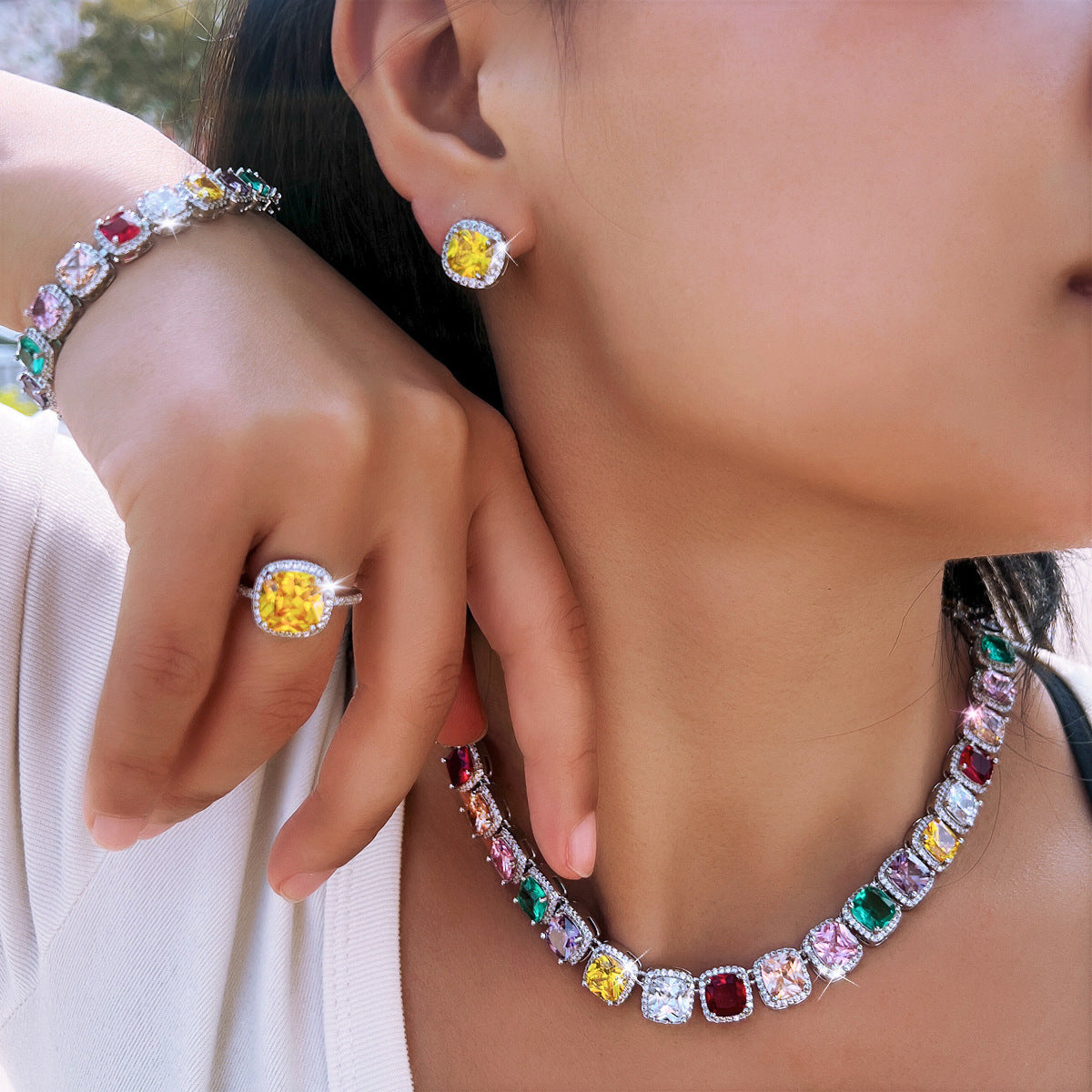 Jewelry set: Dopamine geometric cube zirconia necklace earrings bracelet ring - a set of four pieces Chain for evening dress accessories