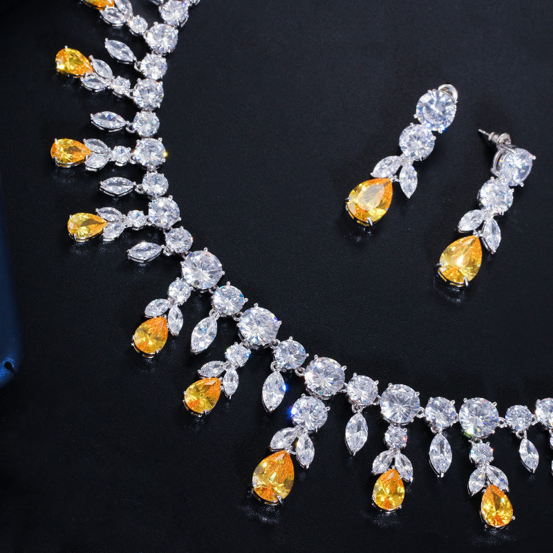 European and American fashion necklace and earring set - Zirconium stone chain for brides wedding gowns cocktail dresses formal evening wear accessories gifts