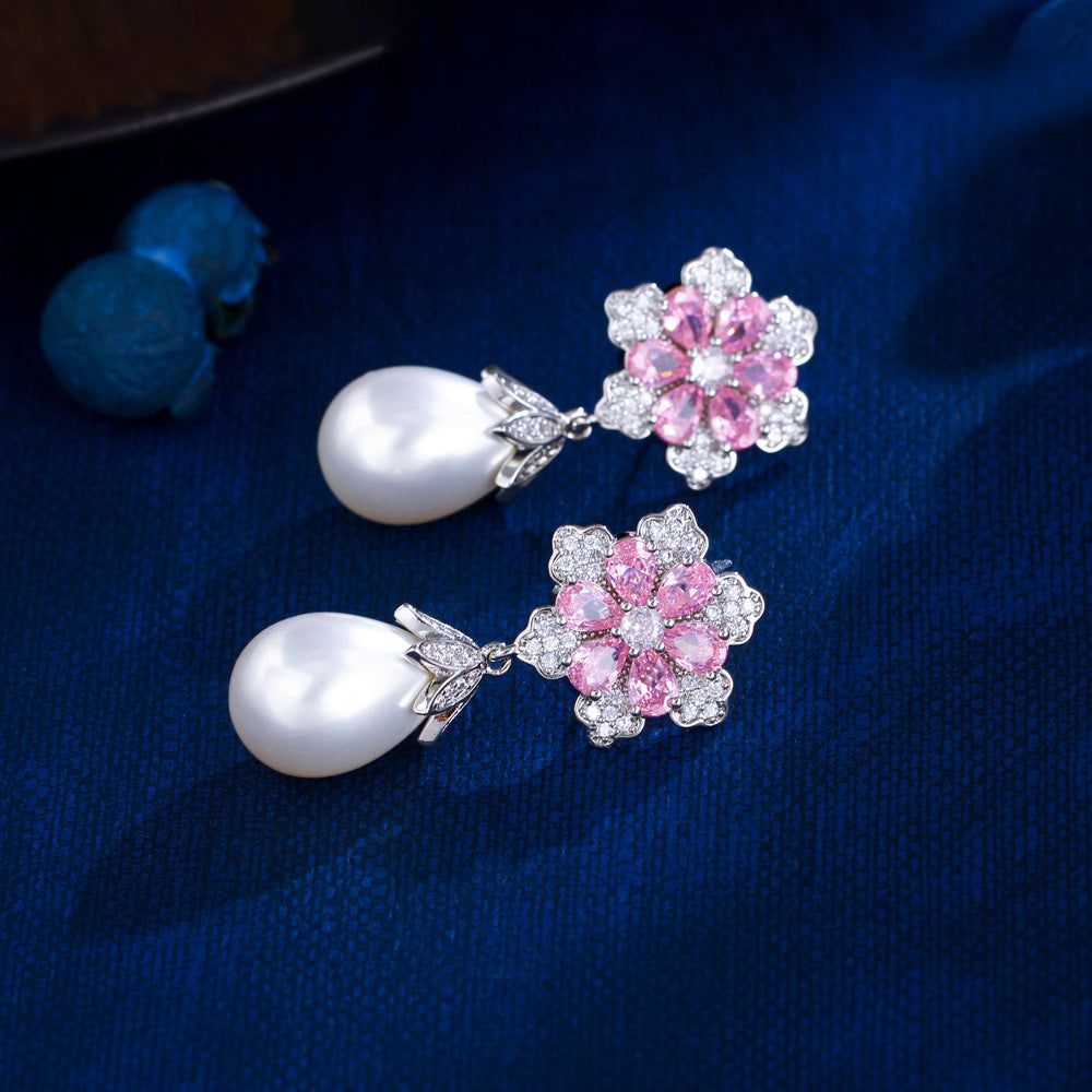 Japanese and Korean light luxury micro-set flower cherry blossom pearl earrings, princess pink diamond teardrop-shaped pearl earrings ear ornaments set