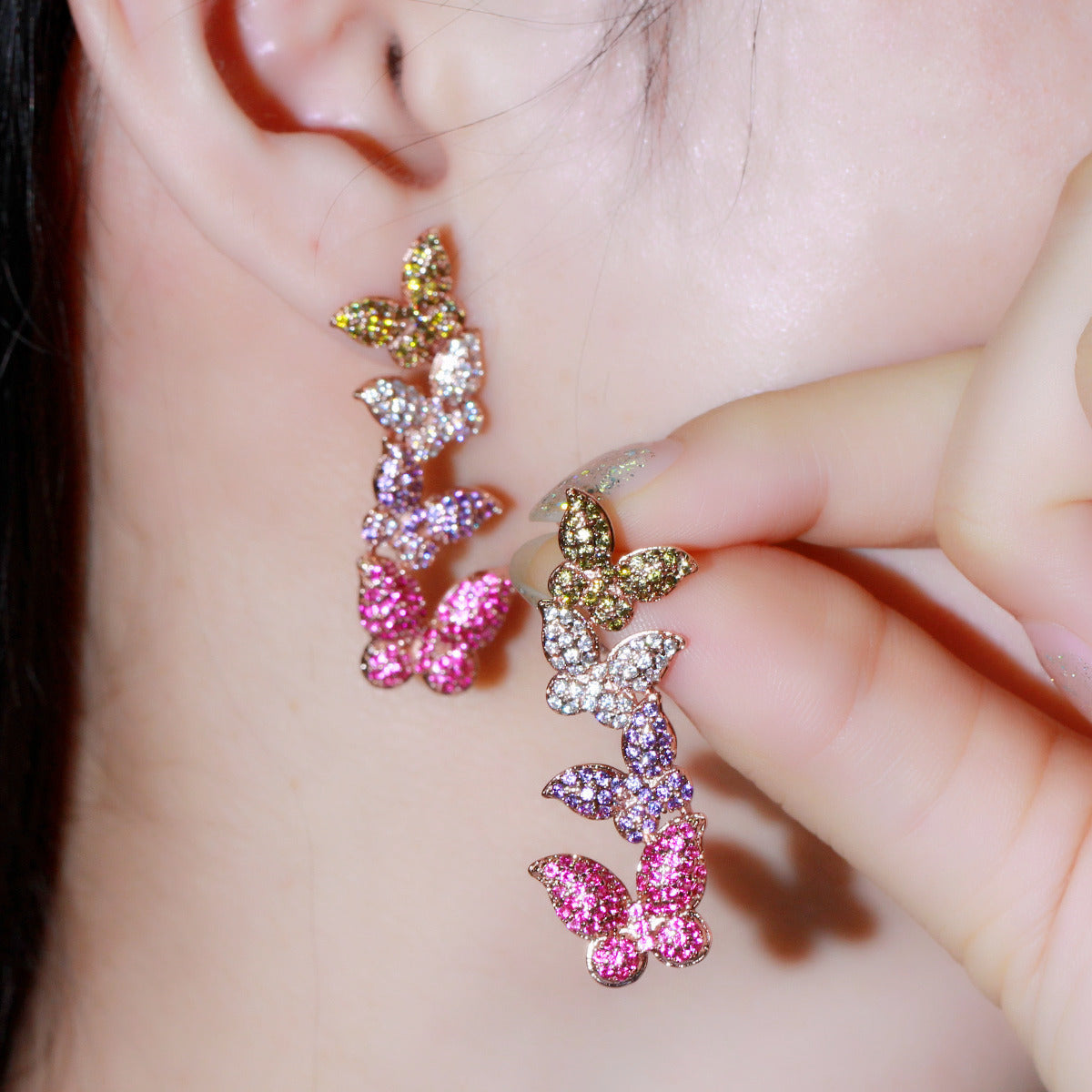 S925 silver needle rose gold butterfly zirconia earrings - Korean version versatile and fashionable ear accessories