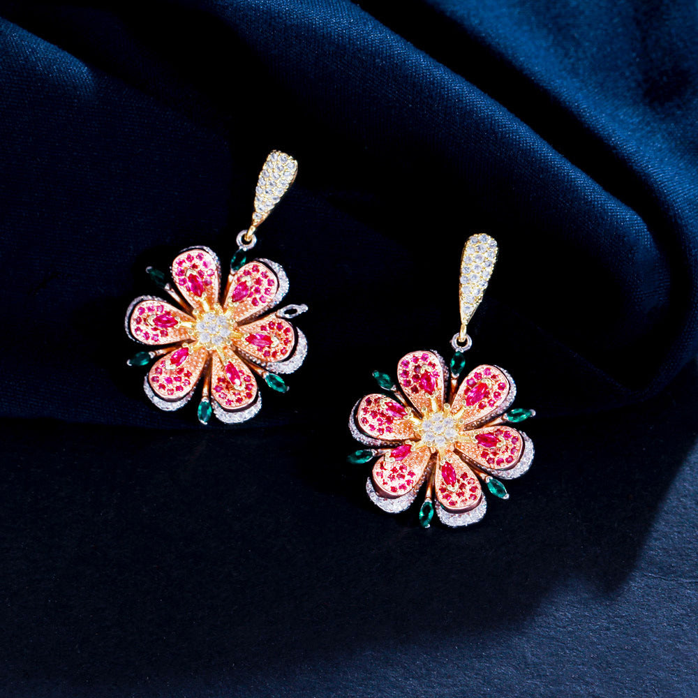European and American rose-shaped earrings and necklace set - three-dimensional camellia flower colored zirconium stone chain - fashionable and versatile ear accessories and necklaces