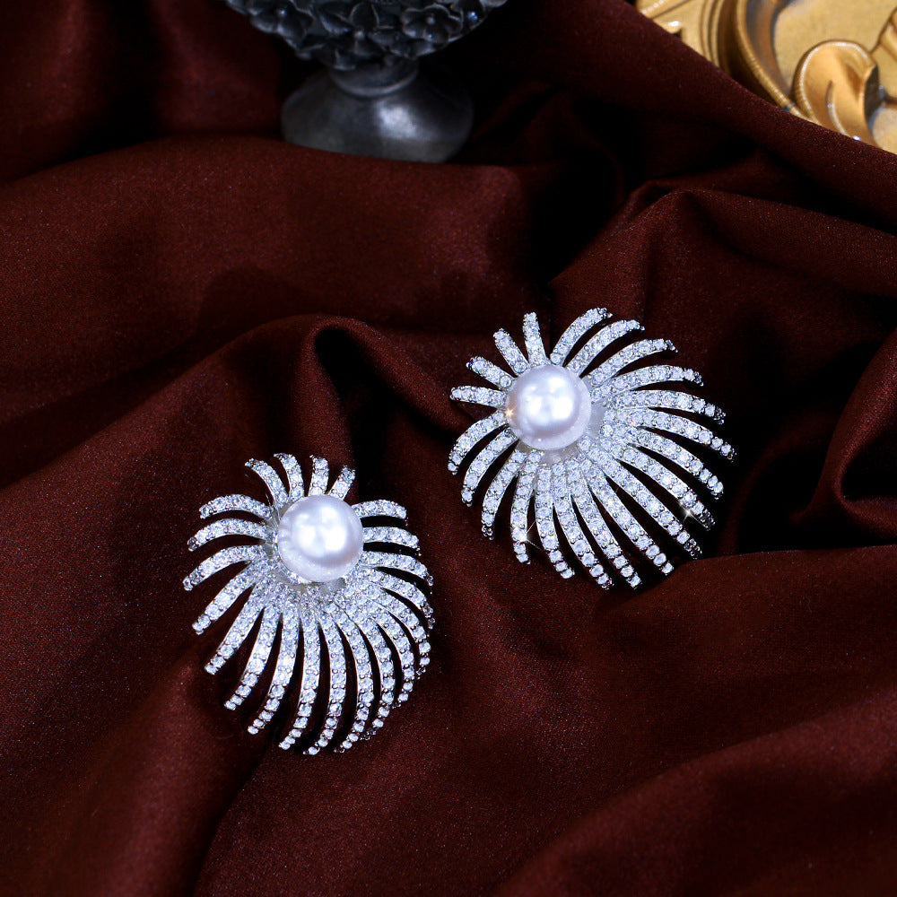 S925 silver filigree vintage sparkling fireworks pearl zirconia earrings - unique and versatile design with micro-set full diamond ear studs