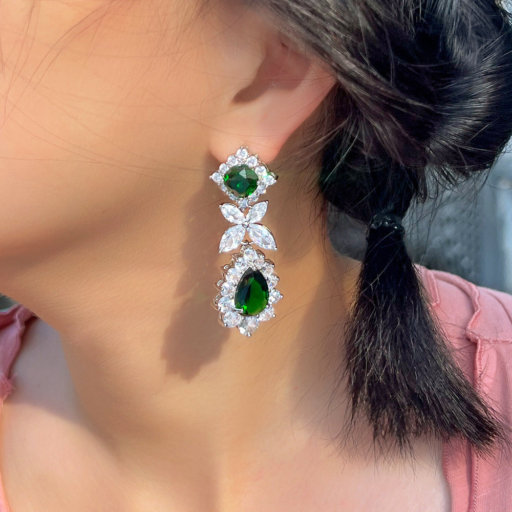 Fashion dazzling zircon earrings heavy-weight water-drop style luxury formal dress accessories emerald gemstone ear ornaments