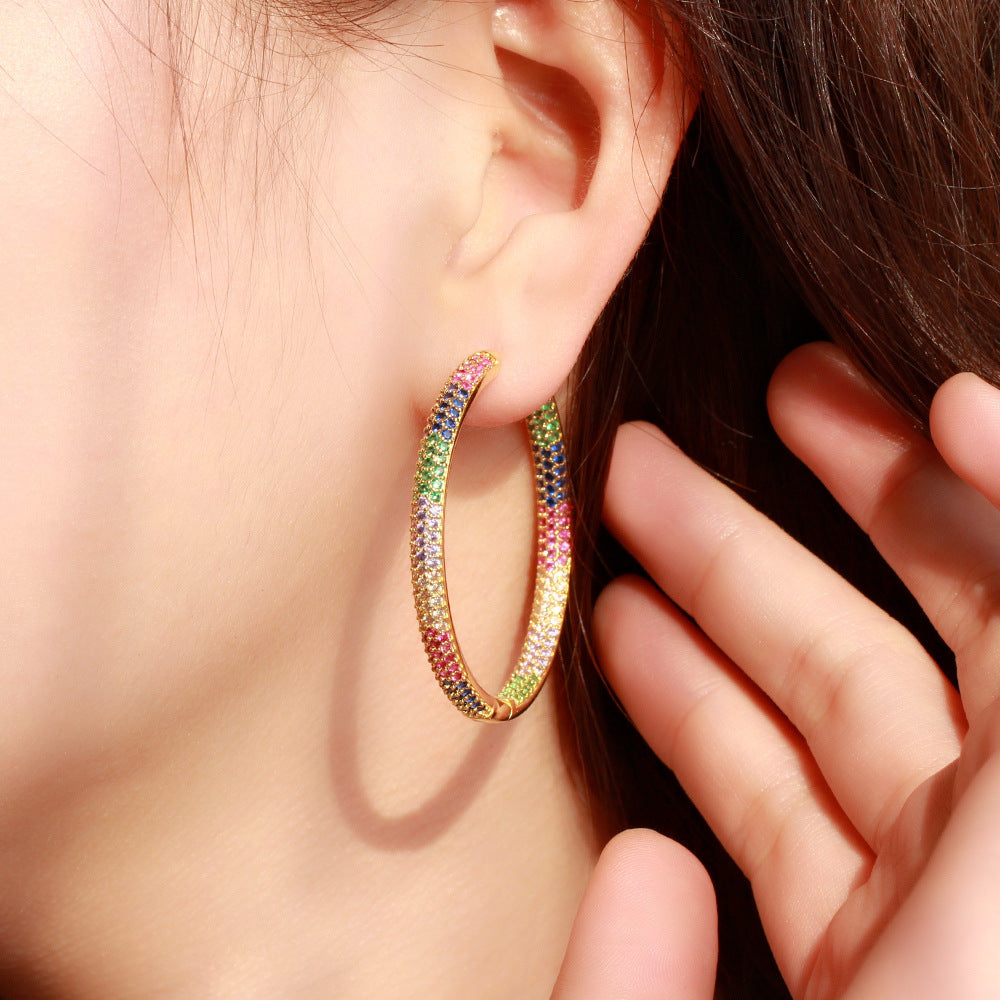 European and American popular jewelry - micro-set colored zirconia large earrings with gold and black gold electroplated ear stems, elegant earrings