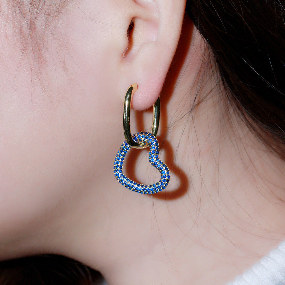 New style personalized double-ring heart-shaped earrings with embedded colorful zircons, trendy hip-hop style earrings