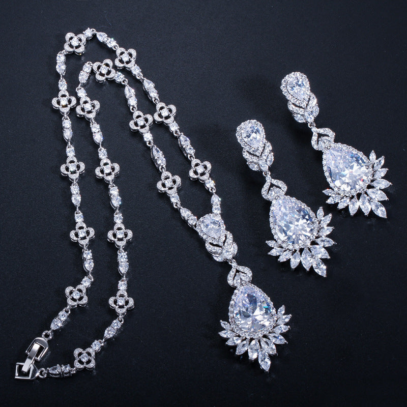 New bride's wedding dress zircon bracelet wedding jewelry necklace earrings two-piece set