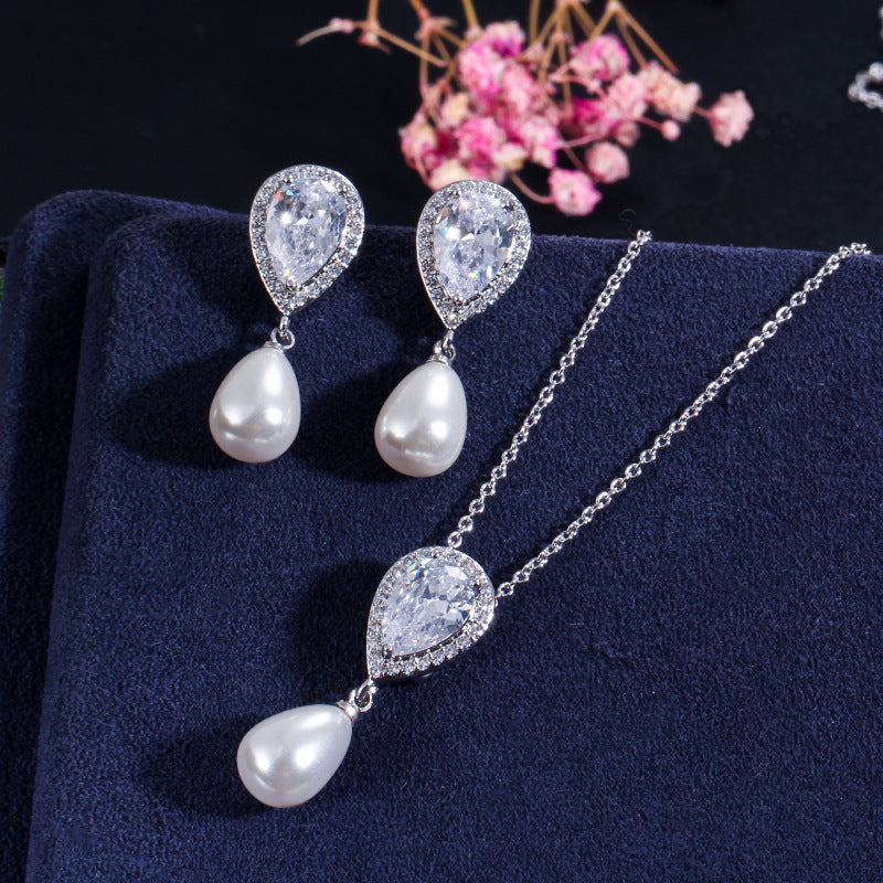 Japanese and Korean light and elegant artistic jewelry set Two-piece set of zircon water-drop pearl pendant earrings