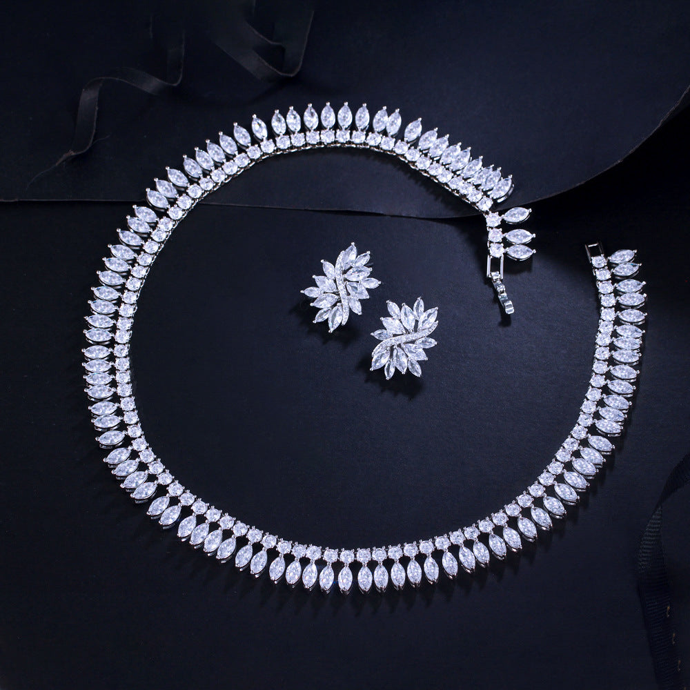 European and American fashion full-diamond evening gown cocktail necklace earrings set chain with marquise zirconia effect bridal set