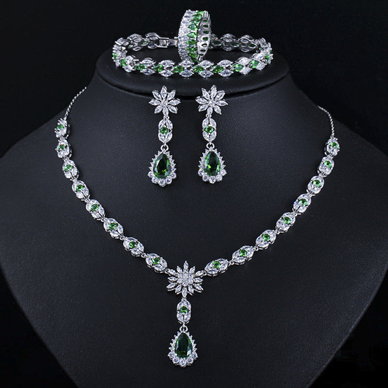 European and American fashion AAA zircon bracelet - perfect accessory for the bride's banquet Set includes necklace earrings ring and bracelet
