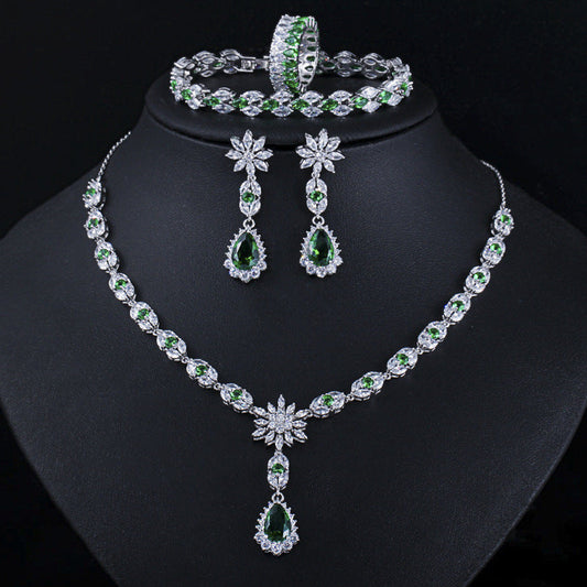 European and American fashion AAA zircon bracelet - perfect accessory for the bride's banquet Set includes necklace earrings ring and bracelet