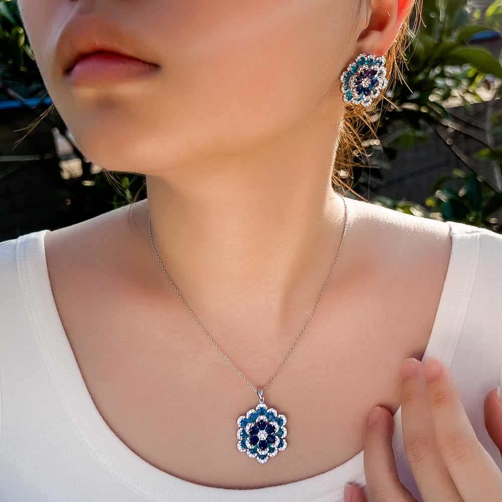 S925 silver needle French-style minimalist vintage double-layer three-dimensional full-diamond blue flower necklace stud set chain zirconium jewelry set