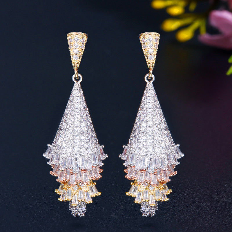 Guangzhou Popular Accessories - European-style Micro-Inset Zirconia Three-Color Crafted Three-Dimensional Skirt Earrings Christmas Tree Earrings Manufacturer