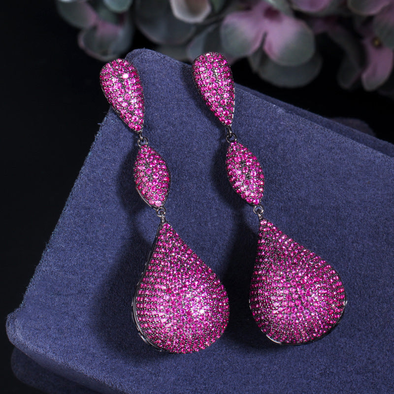 Micro-set zirconia earrings copper-plated with three-color full diamonds irregular long style elegant ear pendants