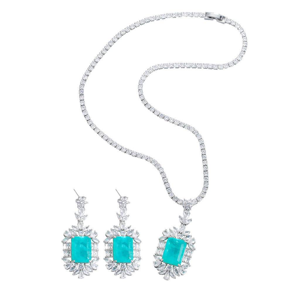 Best-selling sea-blue imitation paraguiaba tourmaline women's necklace pendant earrings set as formal dress accessories