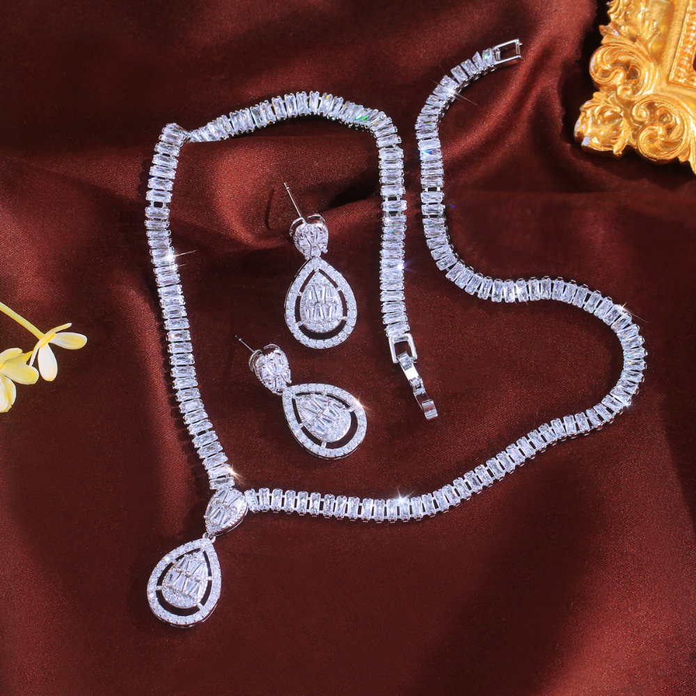 Dazzling diamond necklace and earrings bridal wedding zircon bracelet fashionable claw chain evening party dress jewelry set