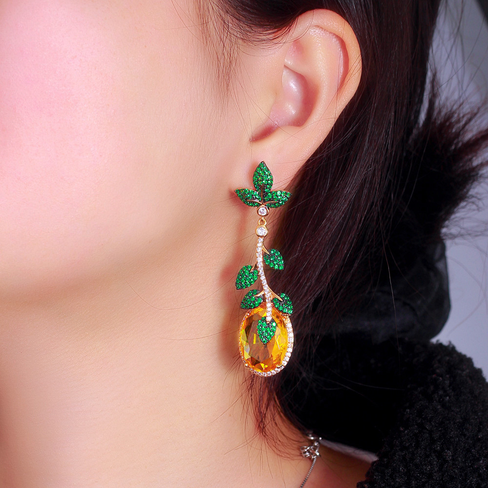 European vintage heavy-duty yellow gemstone green leaf exaggerated long-style earrings unique royal-style earrings