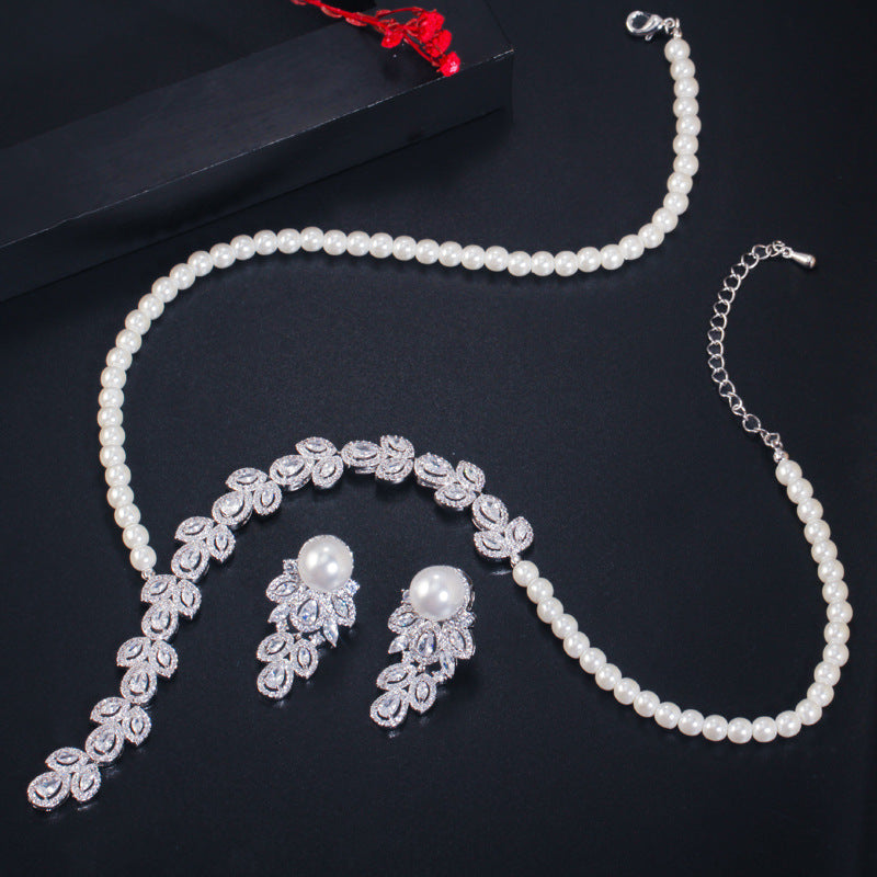 Cross-border best-selling Japanese and Korean-style artificial pearl and zirconia necklace and earring set - bridal set accessories