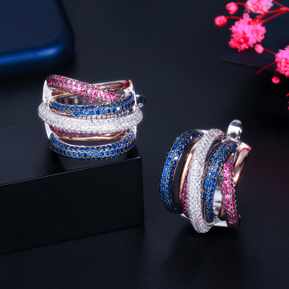 Best-selling earrings - three-color electroplated with tiny-set zirconia - eye-catching earrings with ear clasps