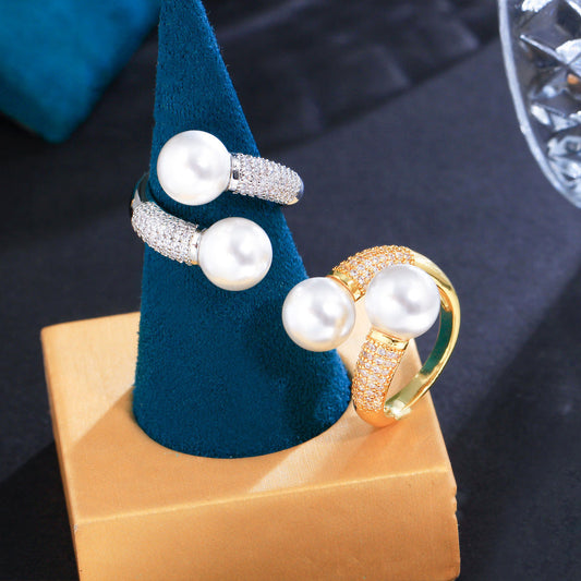 Korean version of minimalist and niche-style simple double-pearl open ring with micro-set zirconia popular on live-streaming versatile accessory for all occasions