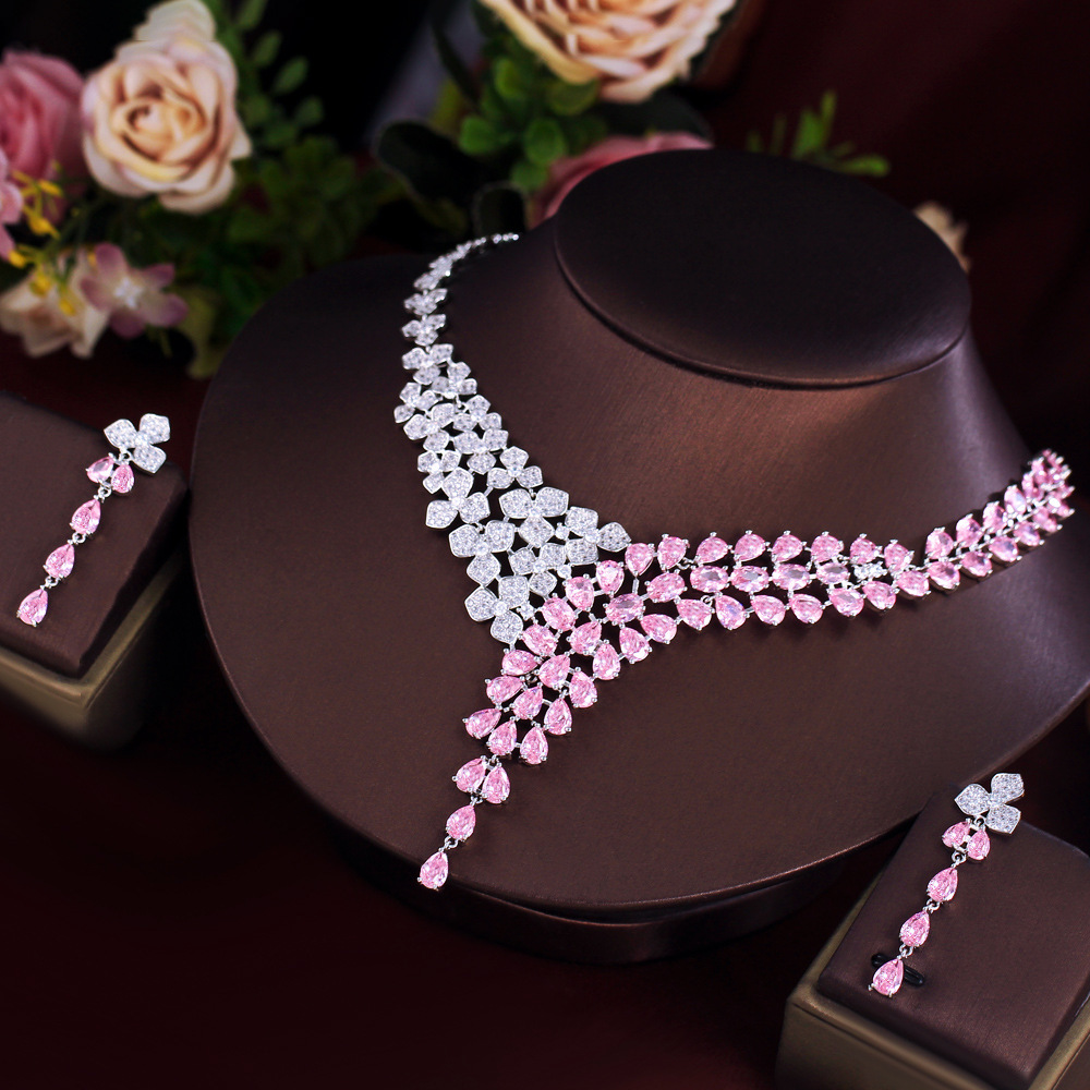 Design-inspired princess pink full-diamond flower necklace and earrings set court-style zircon bracelet evening gown accessories set