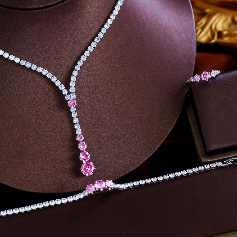 French-style minimalist luxury high-end princess pink zircon necklace, earrings bracelet and ring set - formal evening dress chain set