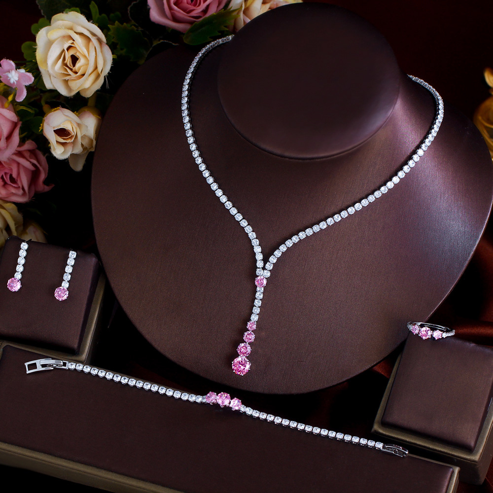 French-style minimalist luxury high-end princess pink zircon necklace, earrings bracelet and ring set - formal evening dress chain set