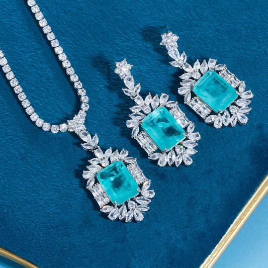 Best-selling sea-blue imitation paraguiaba tourmaline women's necklace pendant earrings set as formal dress accessories