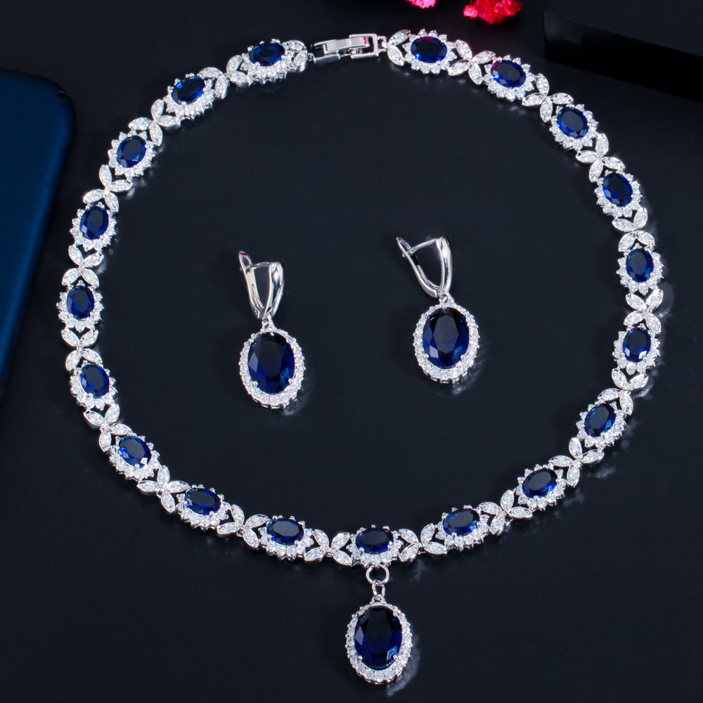 European and American fashionable bridal sapphire earrings and necklace set chain AAA zircon jewelry evening wedding dress accessories