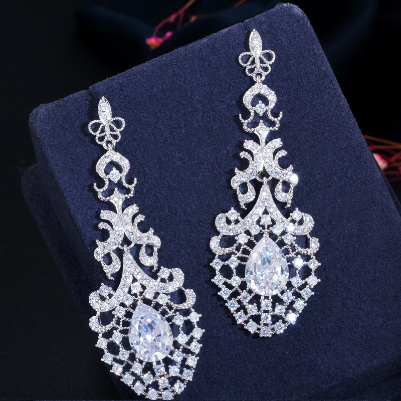 Hot-selling exaggerated earrings S925 fashionable zircon waterdrop long-style hollow earrings for brides