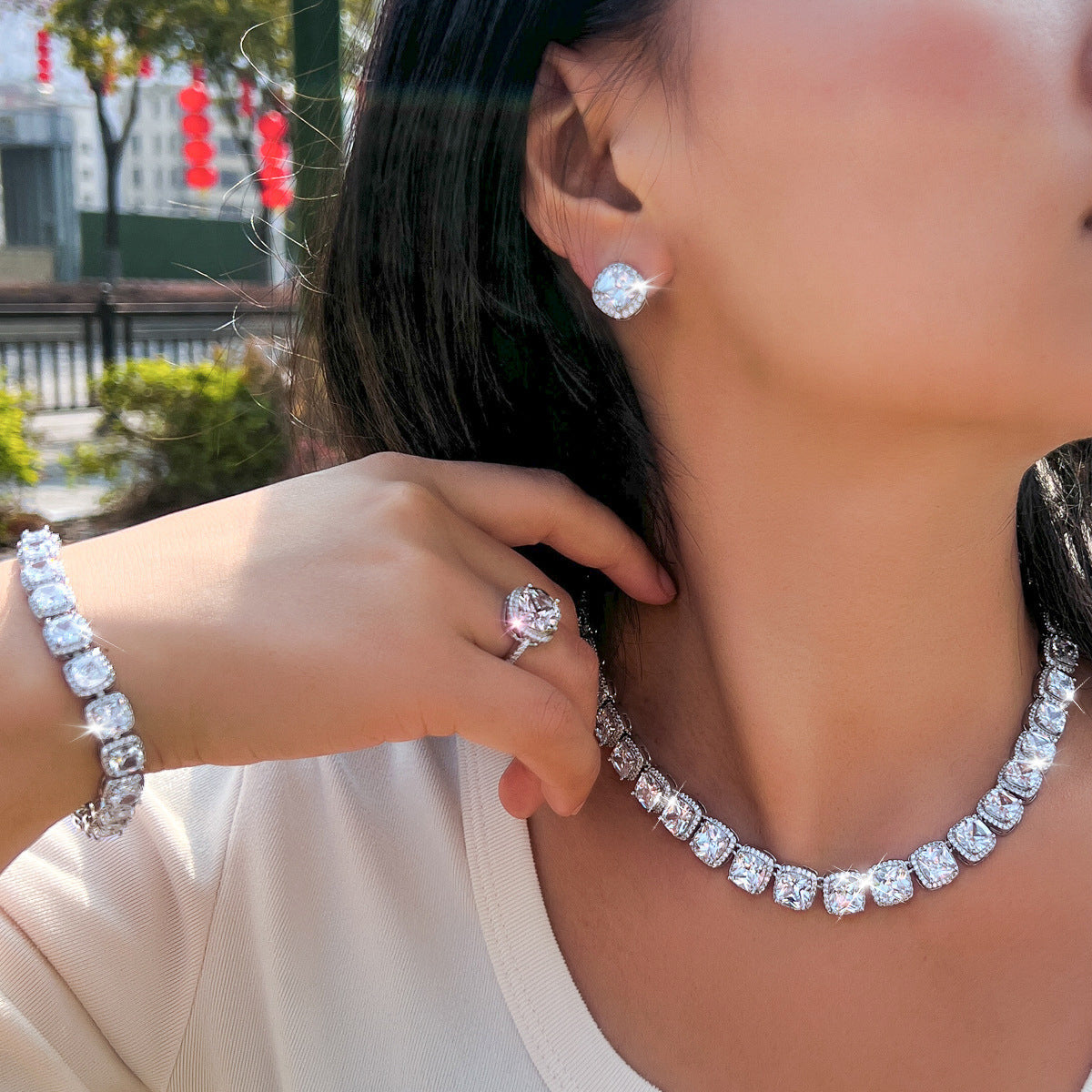 Jewelry set: Dopamine geometric cube zirconia necklace earrings bracelet ring - a set of four pieces Chain for evening dress accessories