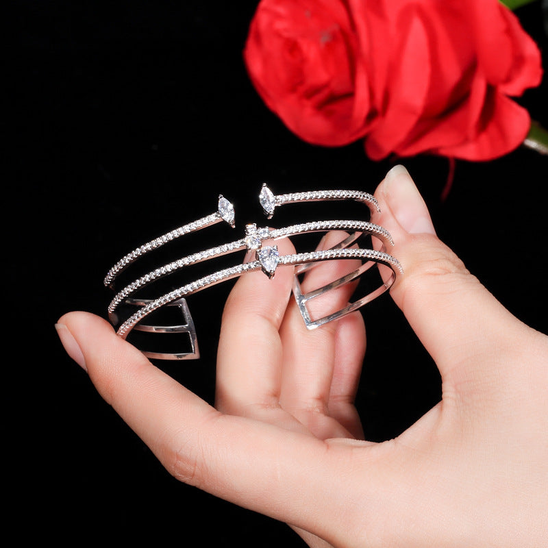 Best-selling three-row micro-set zirconia open bracelet ring, eco-friendly copper electroplated 18K gold