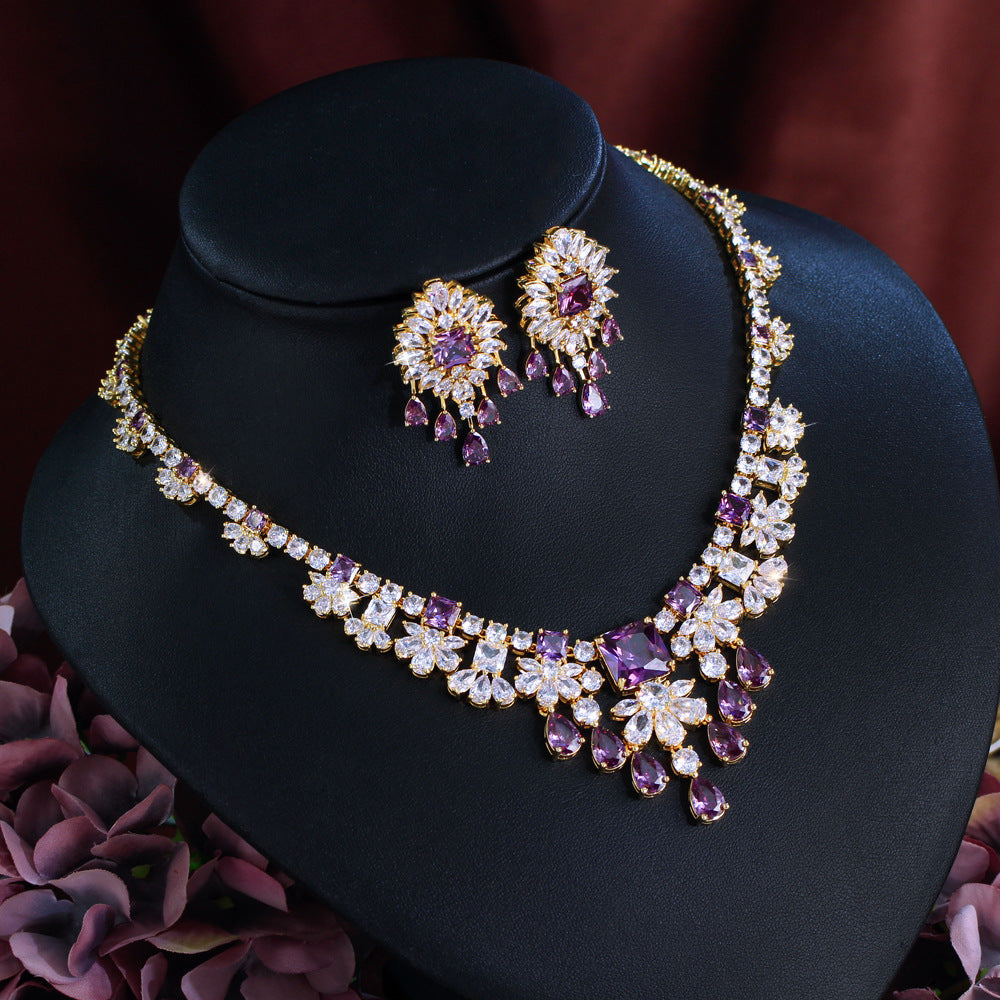 European-style bride jewelry - two-piece set of zirconia diamond-filled elegant necklace and earrings formal evening accessory set matching chain