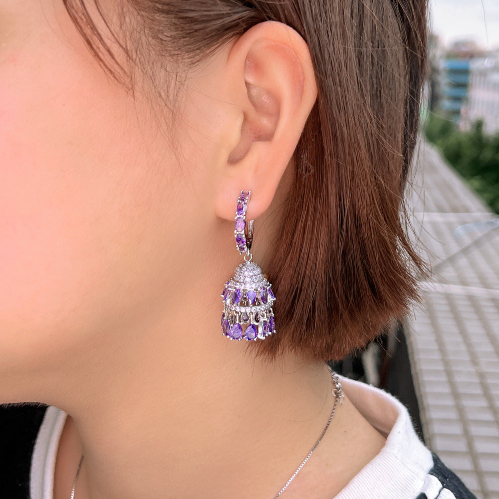 High-end luxurious and elegant purple heavy-weight court-style ear ornament featuring full-set of zirconia-studded water-drop-shaped three-dimensional bells as ear clasps and earrings
