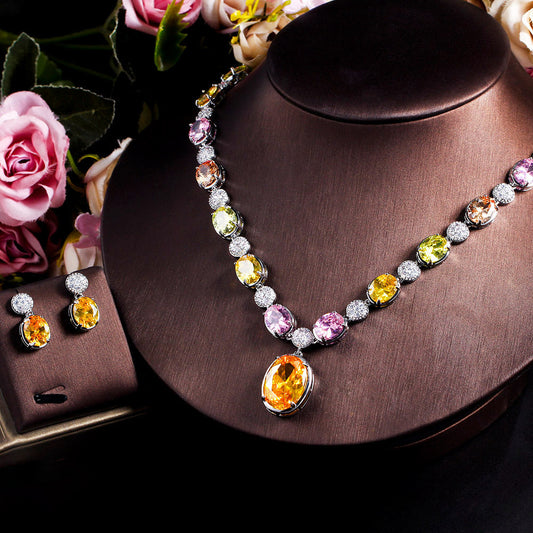 European and American ultra-fantastic retro-style colored zirconia necklace earrings and chain set bridal jewelry set of two pieces