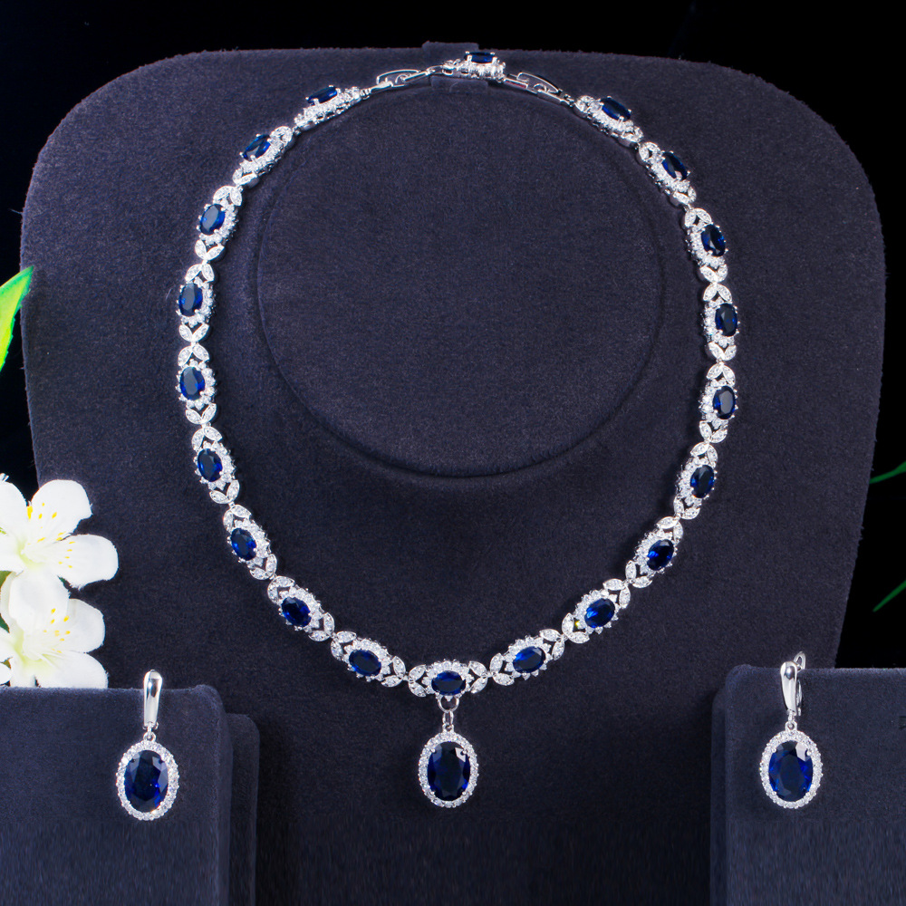 European and American fashionable bridal sapphire earrings and necklace set chain AAA zircon jewelry evening wedding dress accessories