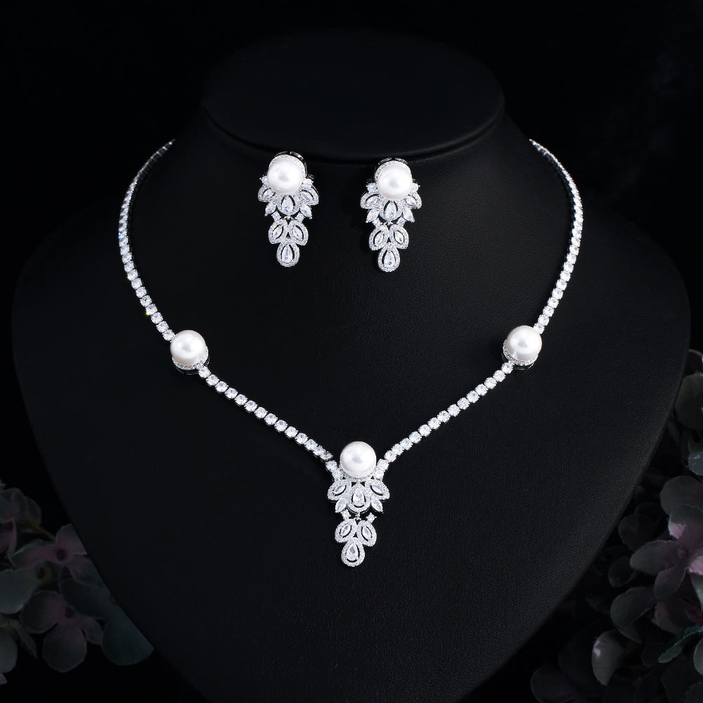 High-end pearl necklaces and earrings set - formal dress wedding banquet accessories necklace earrings chain set
