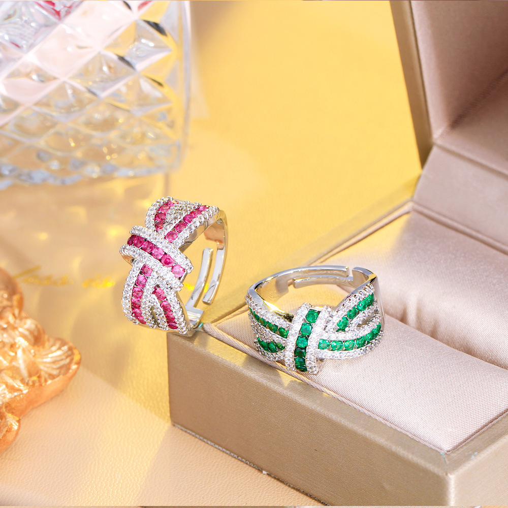 Luxury chic sparkling three-dimensional bow set with diamonds open ring irregular strip-shaped crossed zirconium ring finger ring