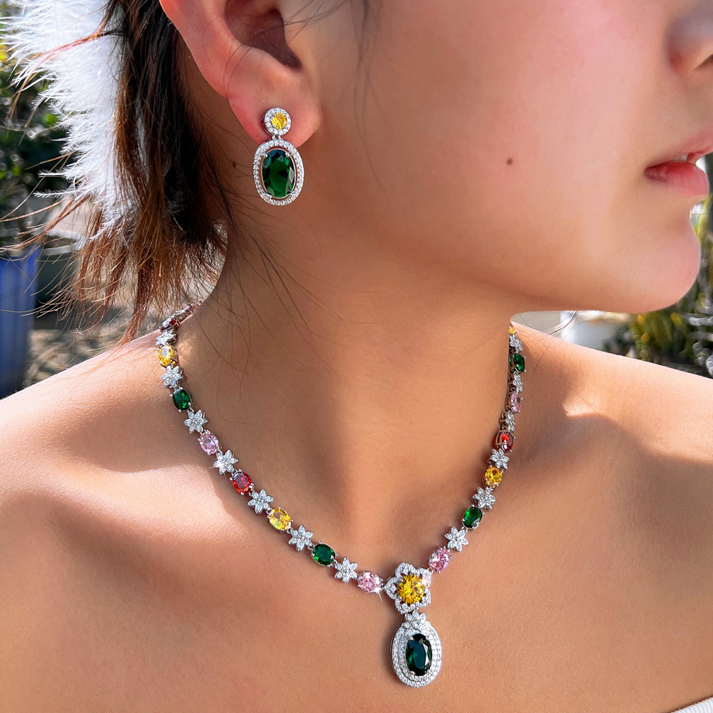European and American fashionable colorful zircon necklace earrings bracelet evening dress formal wear bridal jewelry set