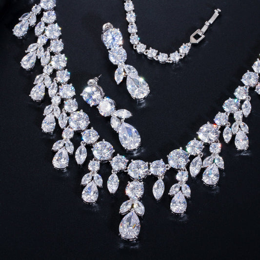 European and American fashion necklace and earring set - Zirconium stone chain for brides wedding gowns cocktail dresses formal evening wear accessories gifts