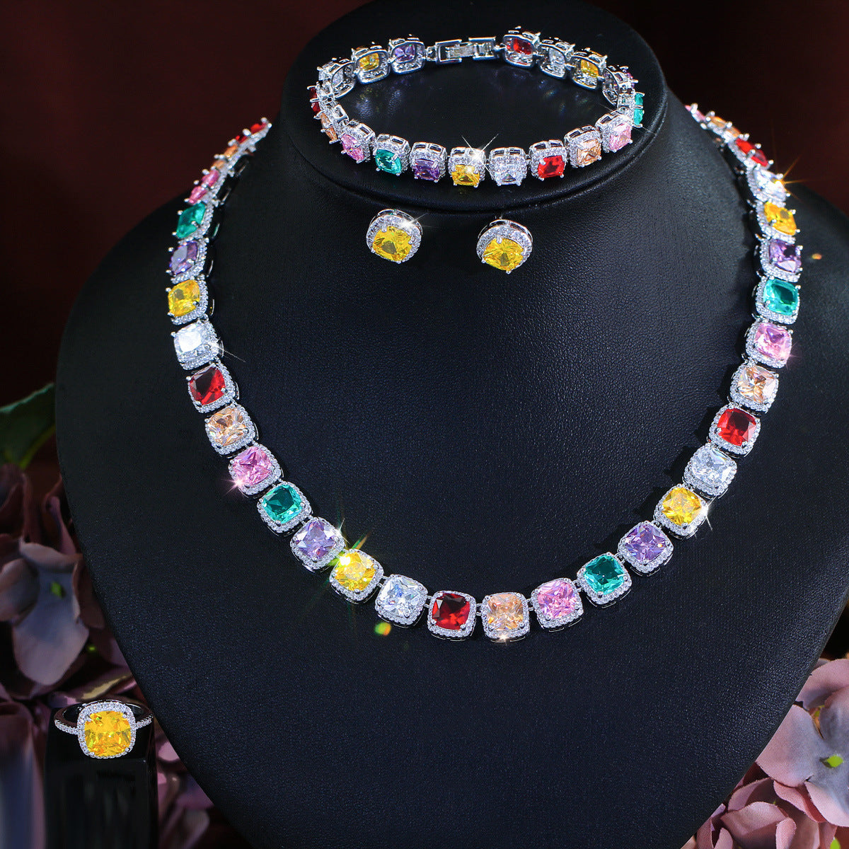 Jewelry set: Dopamine geometric cube zirconia necklace earrings bracelet ring - a set of four pieces Chain for evening dress accessories
