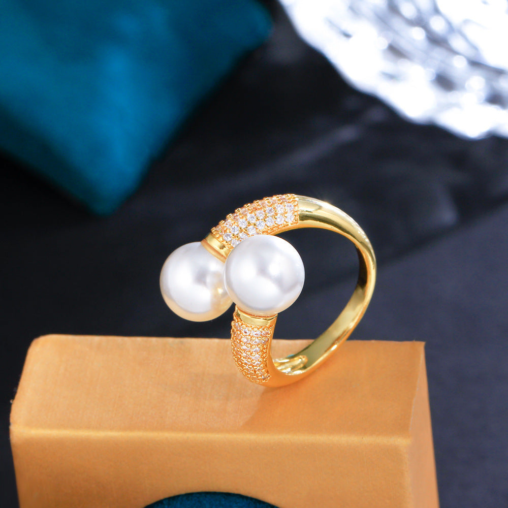 Korean version of minimalist and niche-style simple double-pearl open ring with micro-set zirconia popular on live-streaming versatile accessory for all occasions