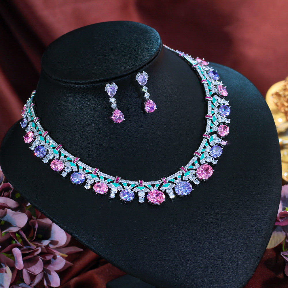 Star-studded style necklace and earrings set with chain elegant enamel heavy-duty set formal dress set zircon jewelry set