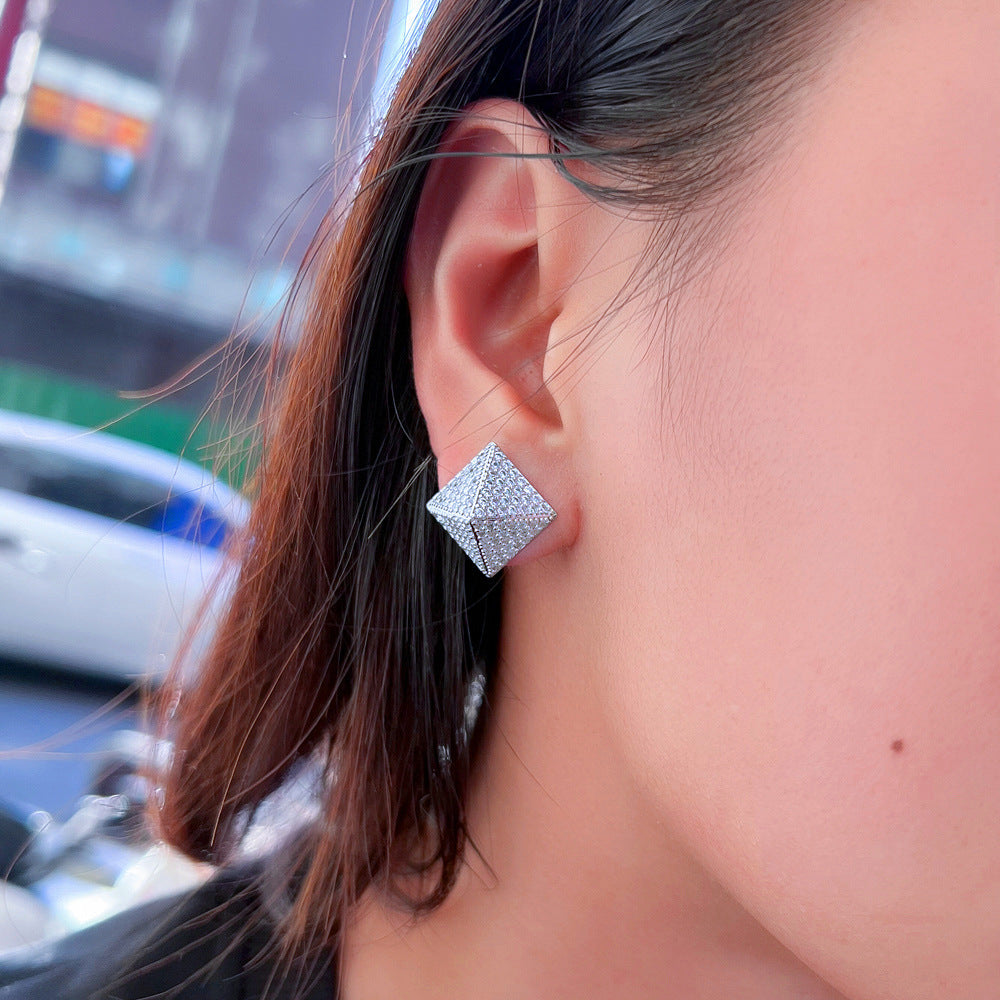 S925 silver needle small-scale design micro-set full-diamond pyramid earrings star-shaped square zirconia ear accessories