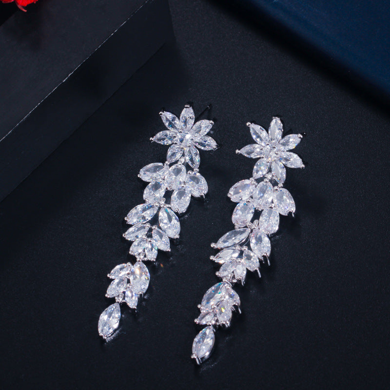 Korean wholesale wedding jewelry - diamond-set zirconian brides' necklaces earrings, bracelet wedding dress accessories two-piece set of jewelry