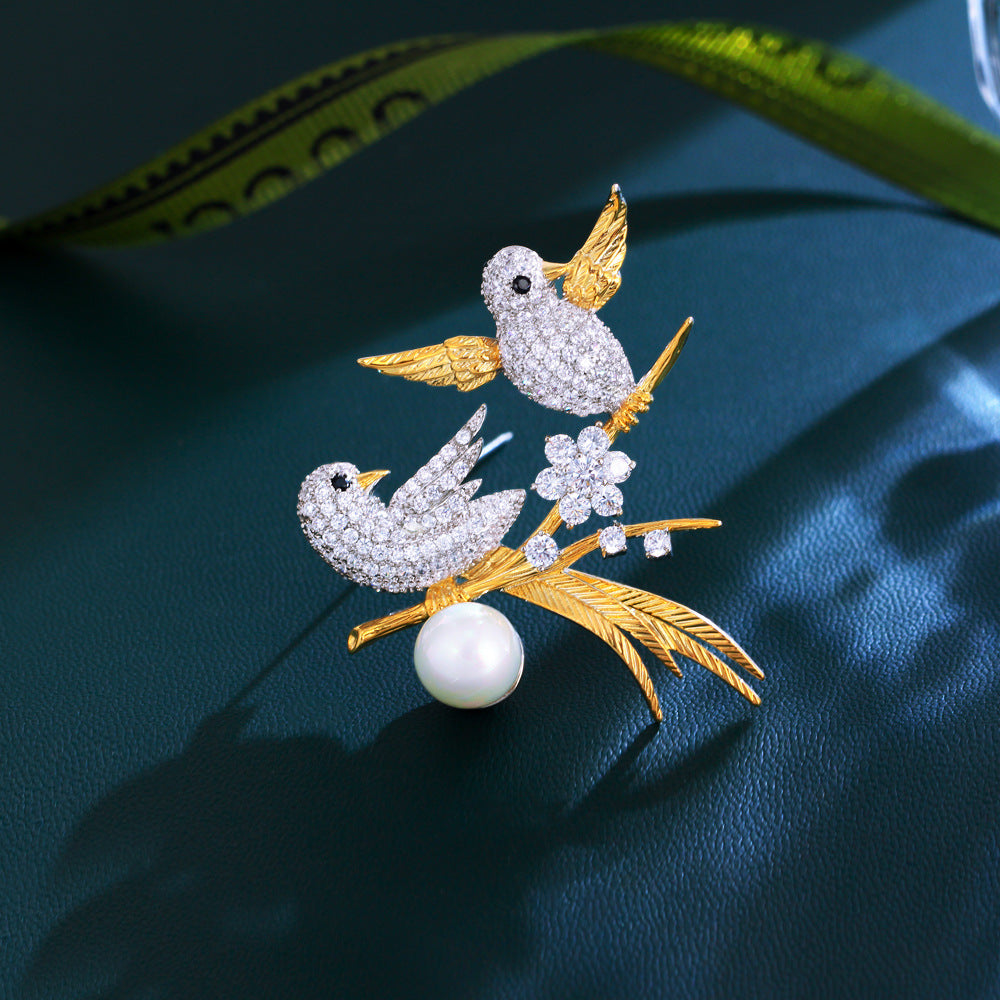 Korean version of luxury light-style double auspicious crows goldfinch gold-plated designer lady's style corsage for formal dress accessories pin and brooch