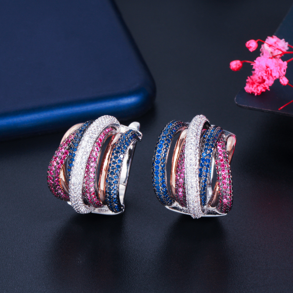 Best-selling earrings - three-color electroplated with tiny-set zirconia - eye-catching earrings with ear clasps