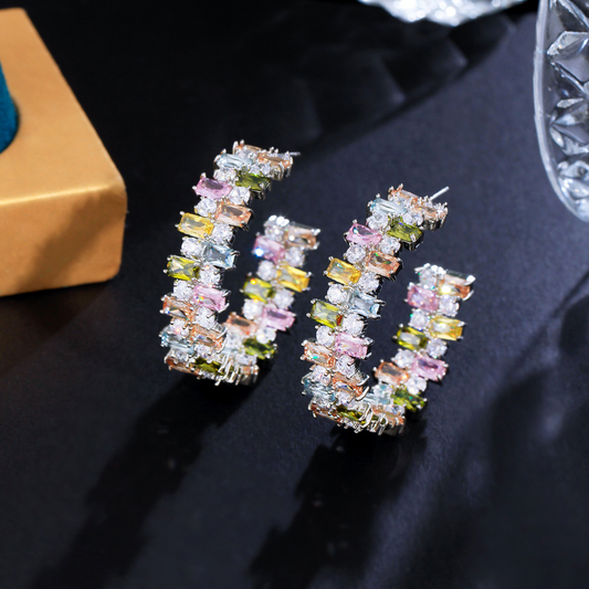 S925 silver needle heavy industry color C-ring earrings elegant candy-shaped square zirconia irregular colored diamonds small earrings that enhance facial appearance