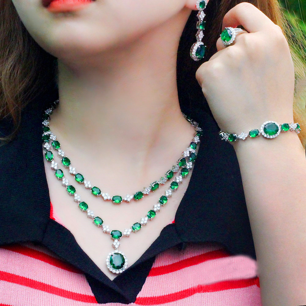 Heavy Industry Design Emerald Gemstone Necklace Earrings Ring Bracelet Set with Precious Zirconia - Bridal Wedding Dress Accessories